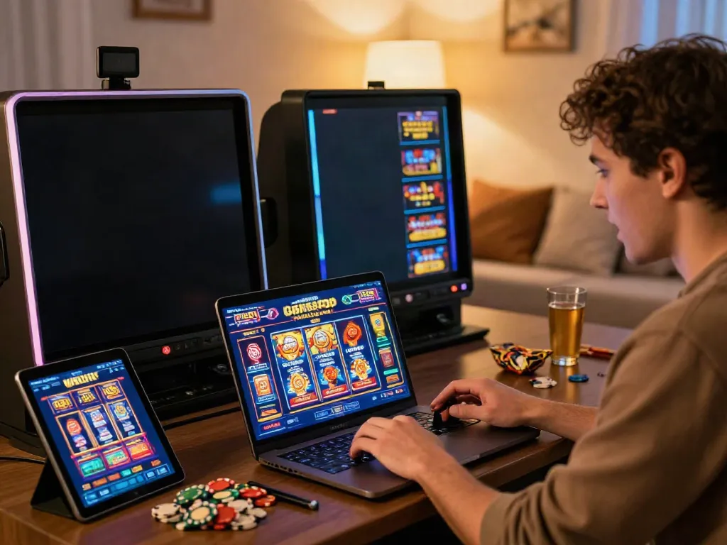 A player enjoying a vibrant non-GamStop online casino experience on a laptop.