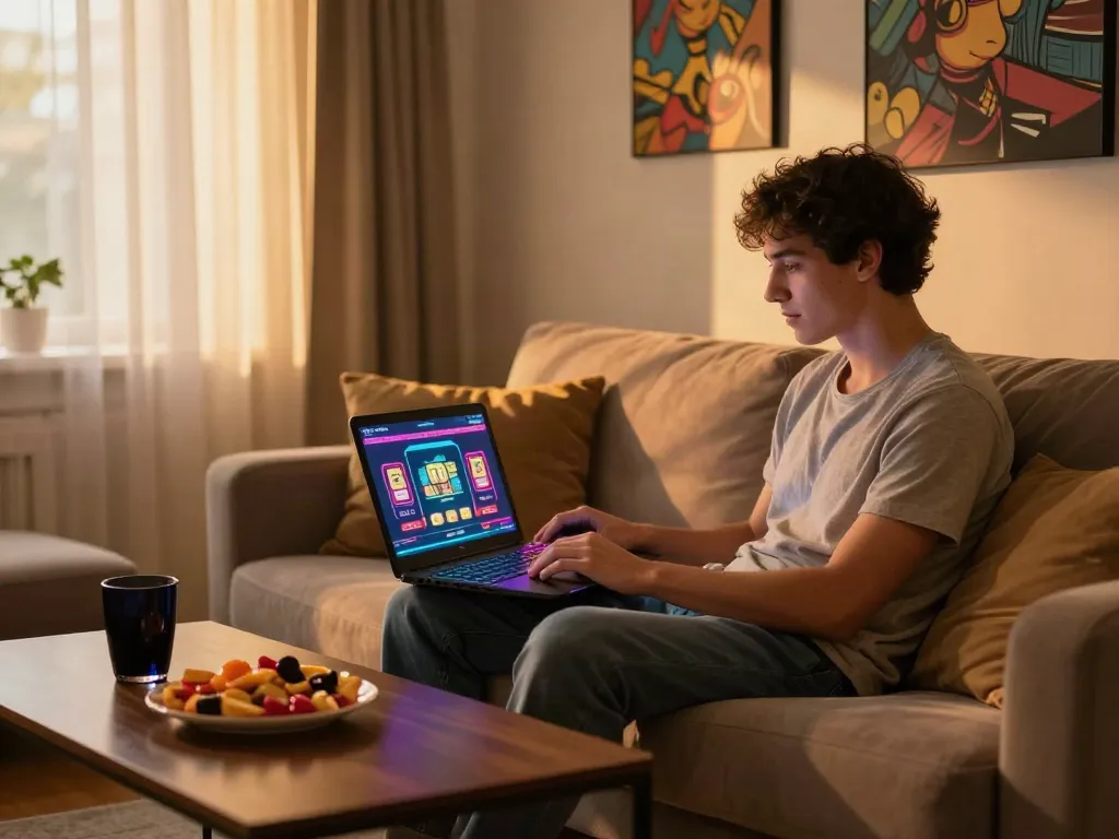 Man engaging with online gaming not on gamstop in cozy home setting.