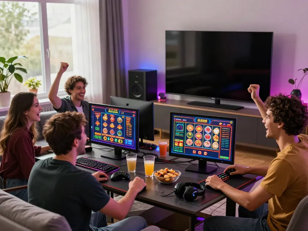 Friends enjoying online gaming at home, showcasing casinos not on gamstop