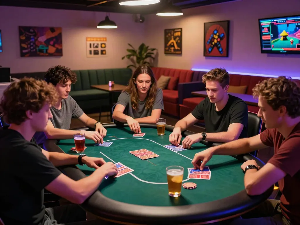 A lively gaming lounge scene featuring friends playing cards in a vibrant atmosphere, ideal for exploring options not on gamstop.