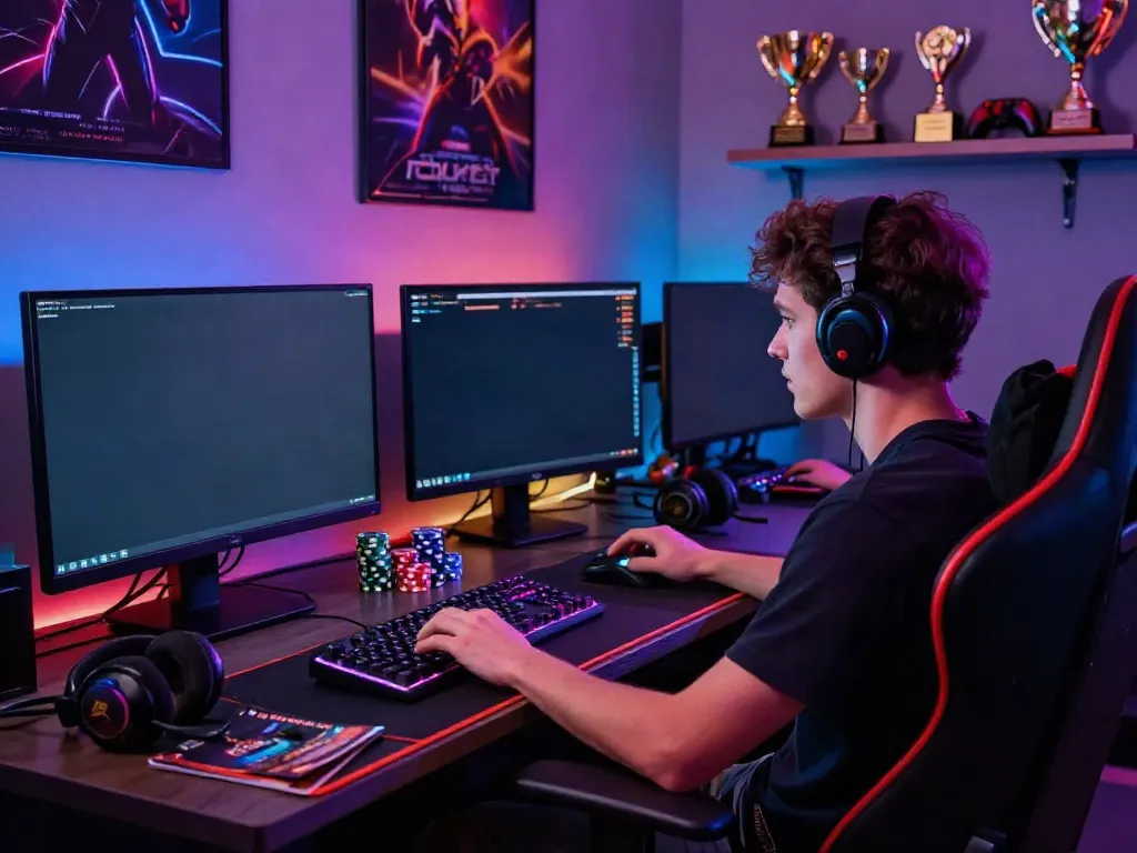 Engaging gaming setup showcasing an intense player focused on casinos not on gamstop with colorful LED lights and multiple screens.