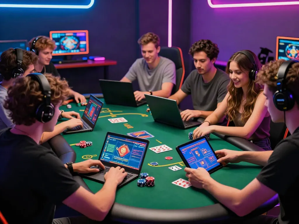 Group of friends enjoying online casino games not on GamStop with vibrant decor