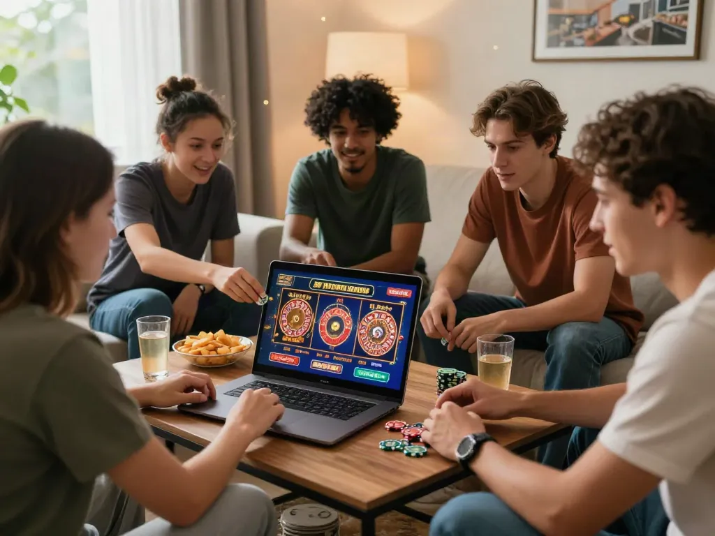 Group of friends gaming online at home, showcasing excitement in casinos not on gamstop.