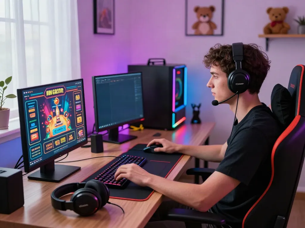 Player immersed in an online casino experience not on GamStop in a modern home office.