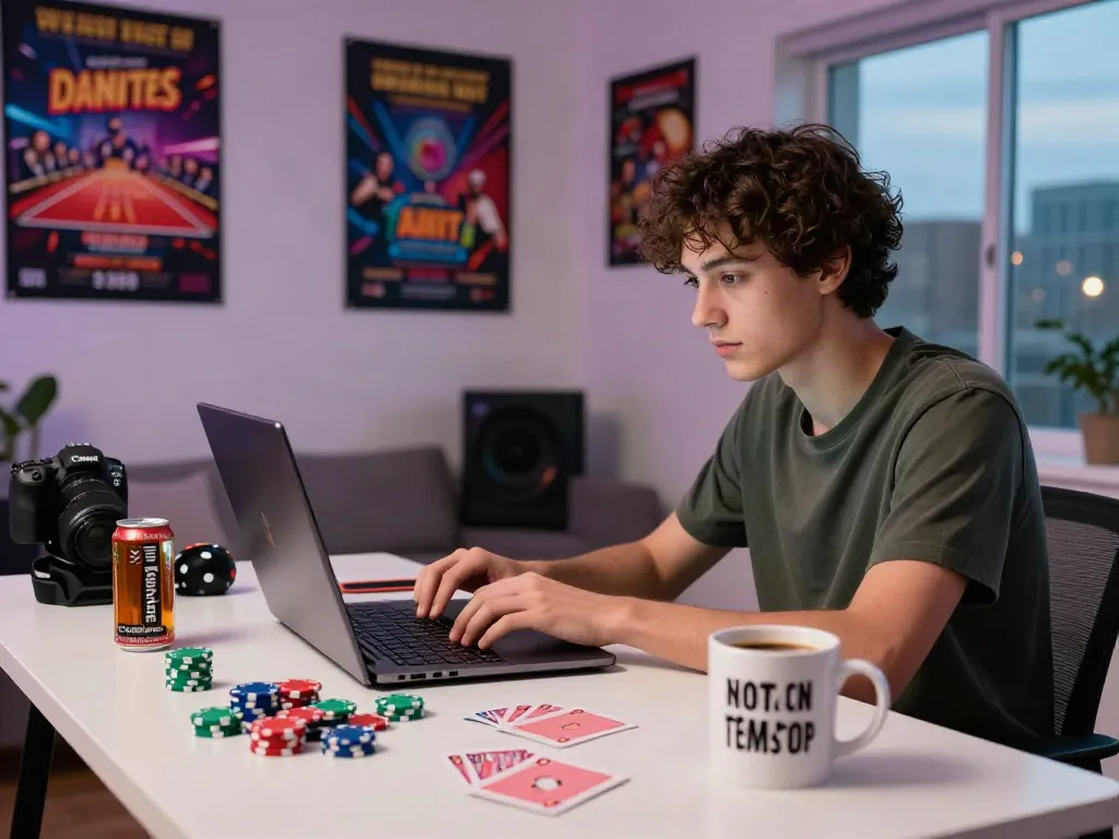 Engaging young adult gaming online at casinos not on GamStop in a vibrant home setting.