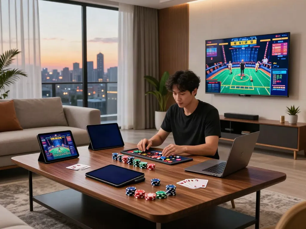 Engaged player enjoying online gaming experience at home in modern living room not on gamstop.