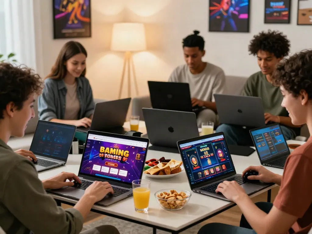 Players exploring non on GamStop casinos in a vibrant living room.