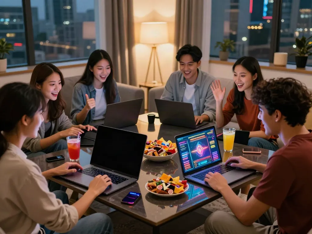 Friends enjoying an online gaming night not on GamStop with laptops and snacks in a lively atmosphere.