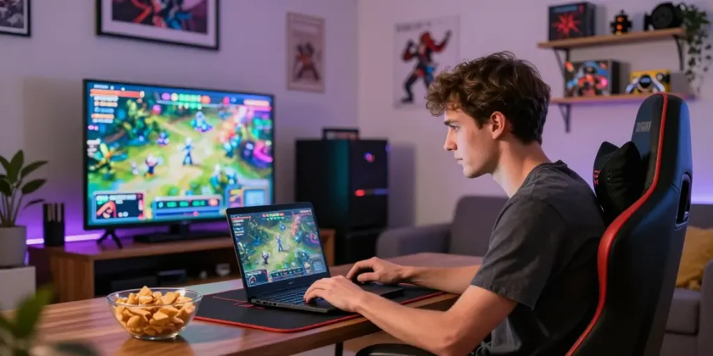 Young man gaming in stylish living room at night, illustrating the appeal of casinos not on gamstop.